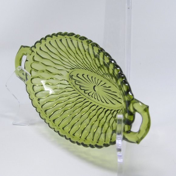 Vintage Indiana Glass Avocado Green Honeycomb Oval 2 Handled Relish Dish Bowl Tr - Picture 7 of 10